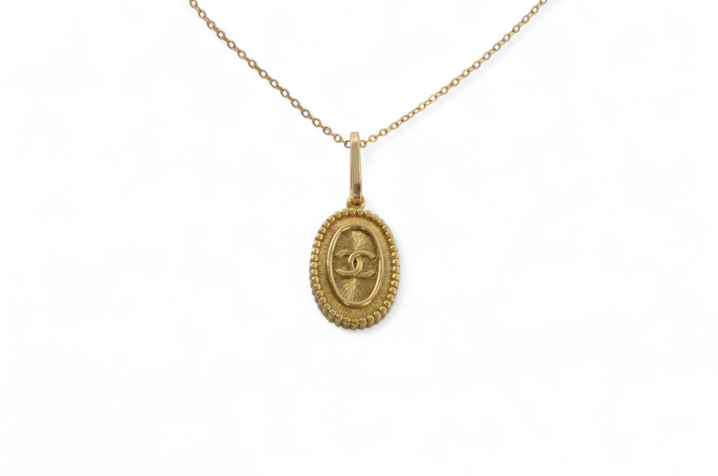 Chanel Vintage CC Coco Dangle Victorian Medallion Necklace Gold Plated Statement Pendant Designer Classic Jewelry