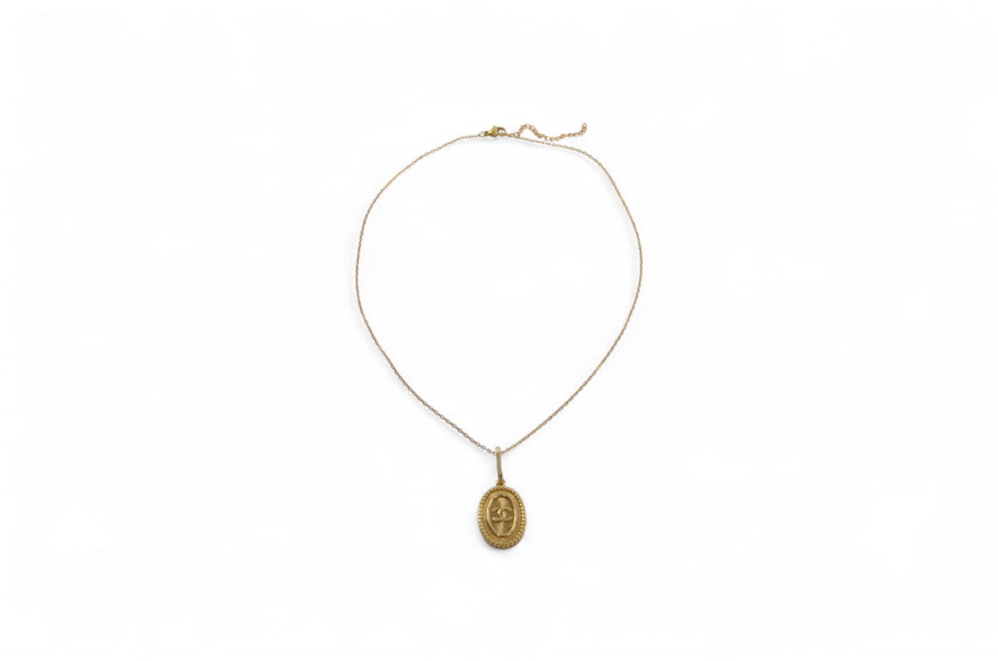 Chanel Vintage CC Coco Dangle Victorian Medallion Necklace Gold Plated Statement Pendant Designer Classic Jewelry