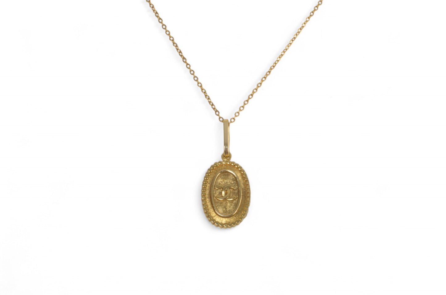 Chanel Vintage CC Coco Dangle Victorian Medallion Necklace Gold Plated Statement Pendant Designer Classic Jewelry