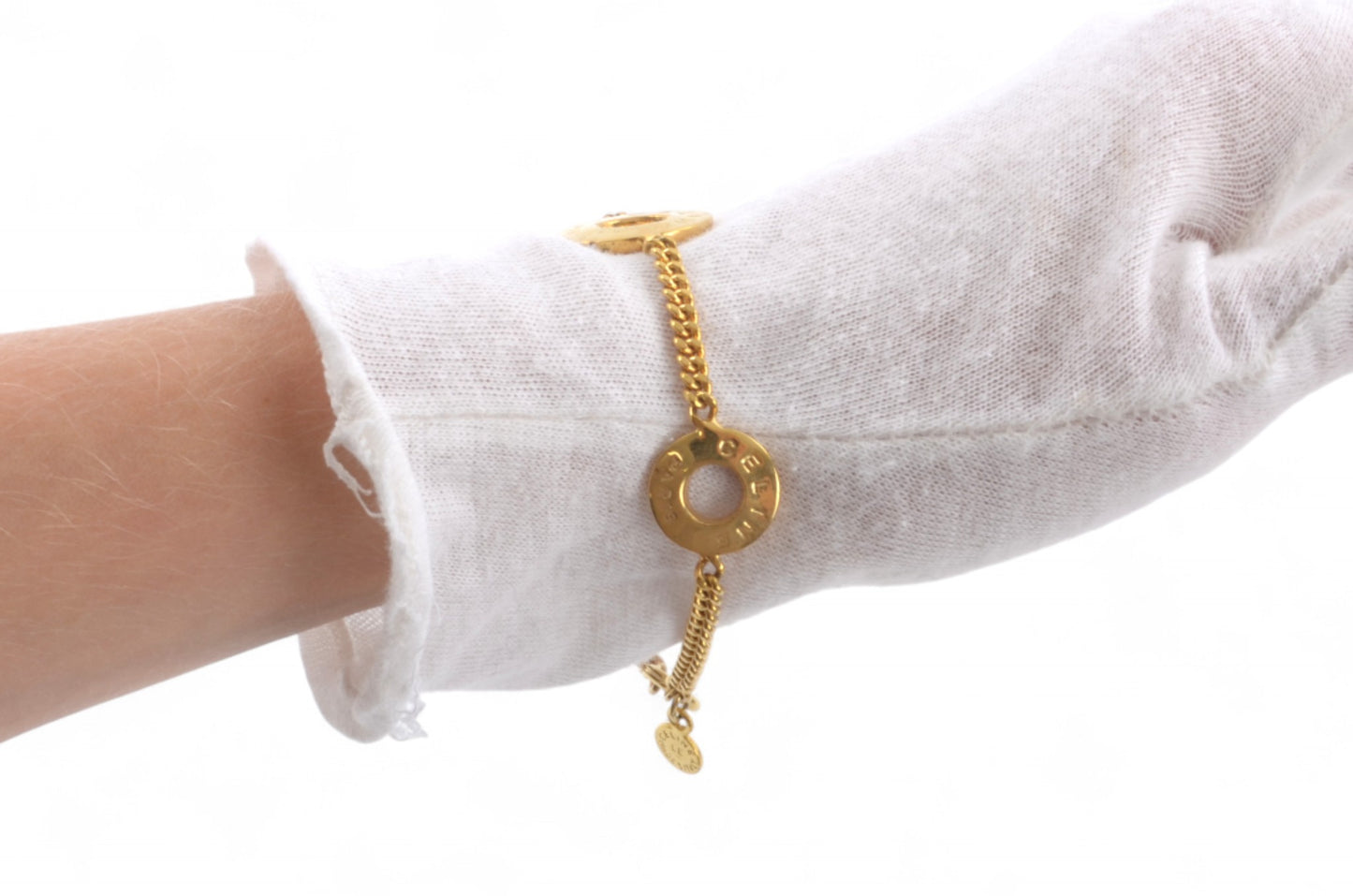 Celine Vintage Circle Logo Charm Bracelet Gold tone Chain Link Designer Classic Authentic