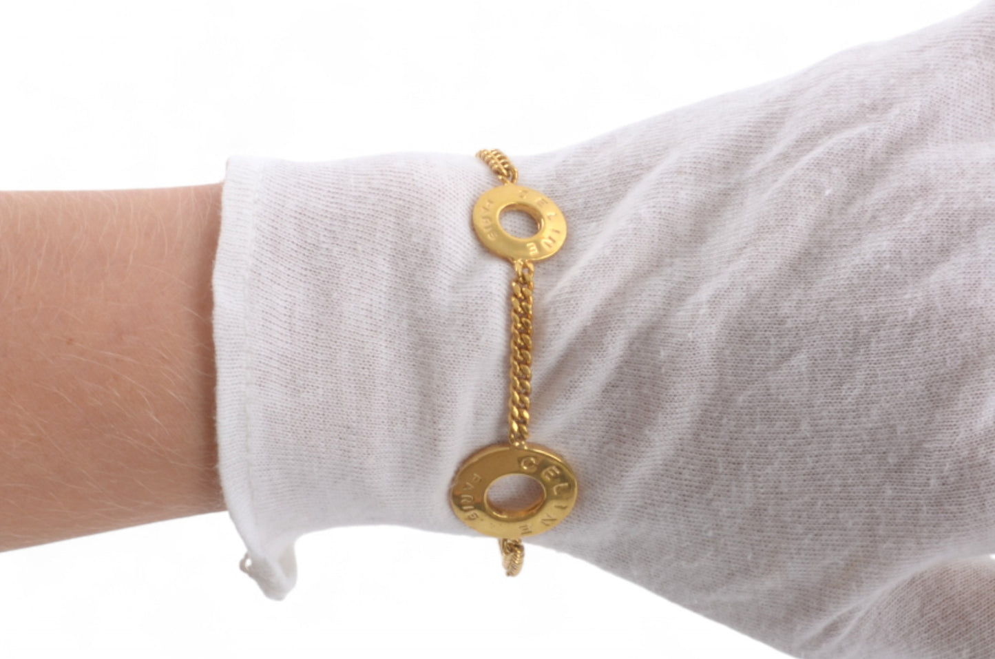 Celine Vintage Circle Logo Charm Bracelet Gold tone Chain Link Designer Classic Authentic