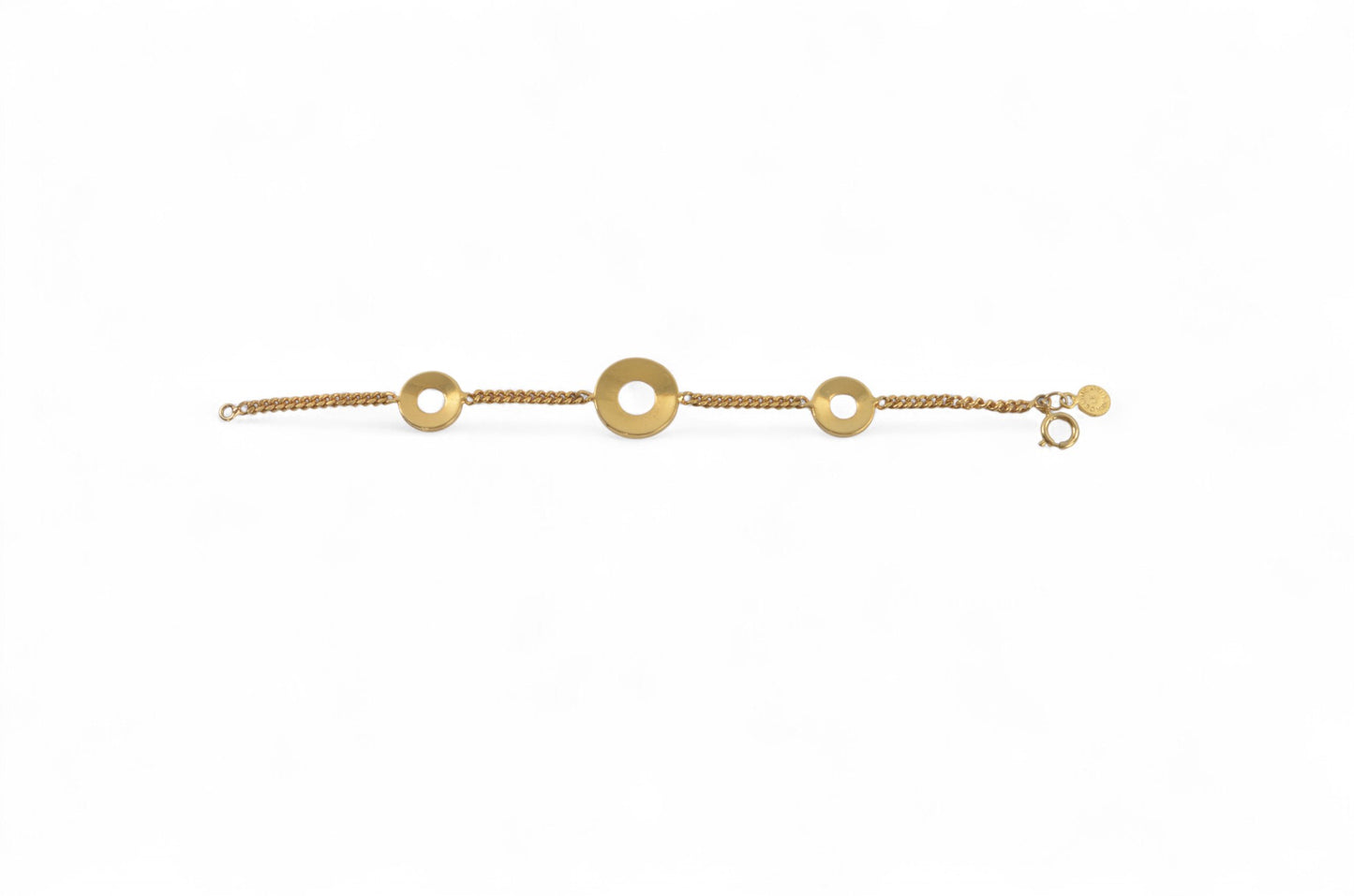 Celine Vintage Circle Logo Charm Bracelet Gold tone Chain Link Designer Classic Authentic