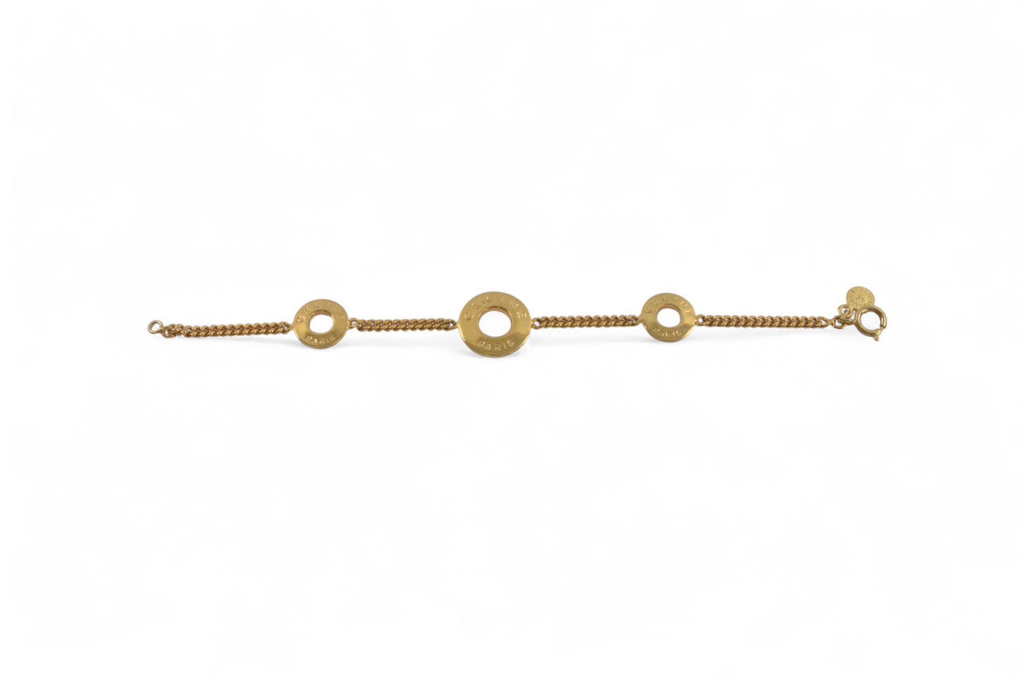 Celine Vintage Circle Logo Charm Bracelet Gold tone Chain Link Designer Classic Authentic