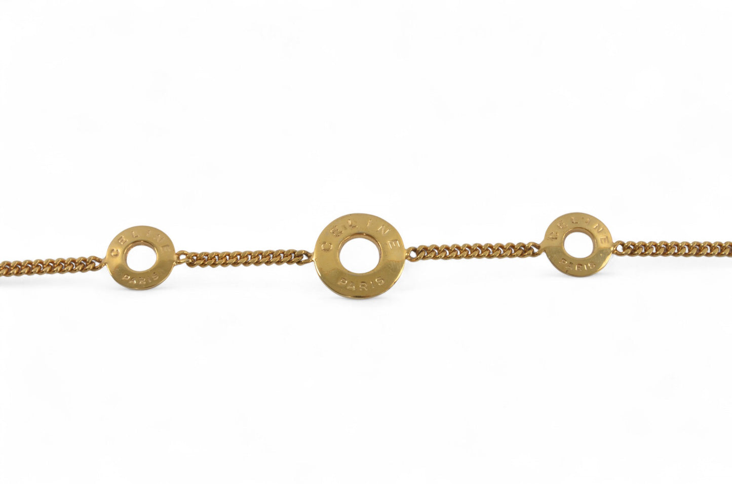 Celine Vintage Circle Logo Charm Bracelet Gold tone Chain Link Designer Classic Authentic