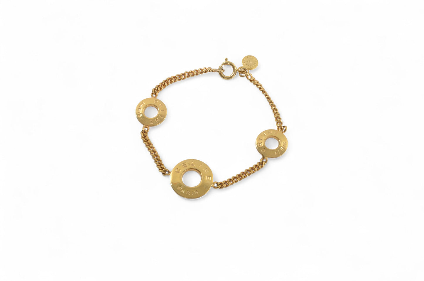 Celine Vintage Circle Logo Charm Bracelet Gold tone Chain Link Designer Classic Authentic