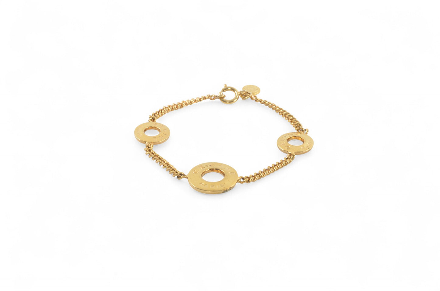 Celine Vintage Circle Logo Charm Bracelet Gold tone Chain Link Designer Classic Authentic
