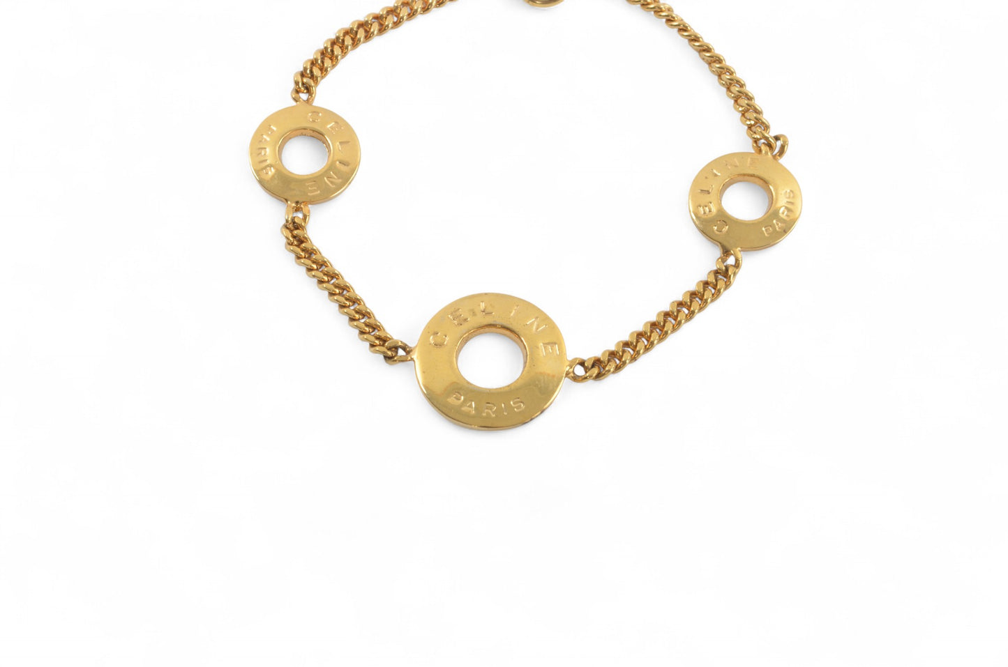 Celine Vintage Circle Logo Charm Bracelet Gold tone Chain Link Designer Classic Authentic