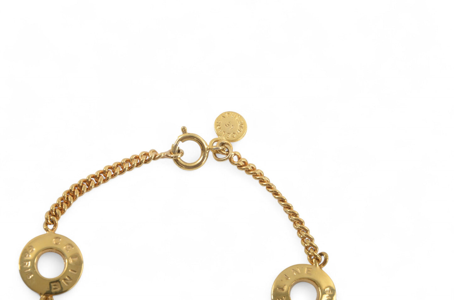 Celine Vintage Circle Logo Charm Bracelet Gold tone Chain Link Designer Classic Authentic