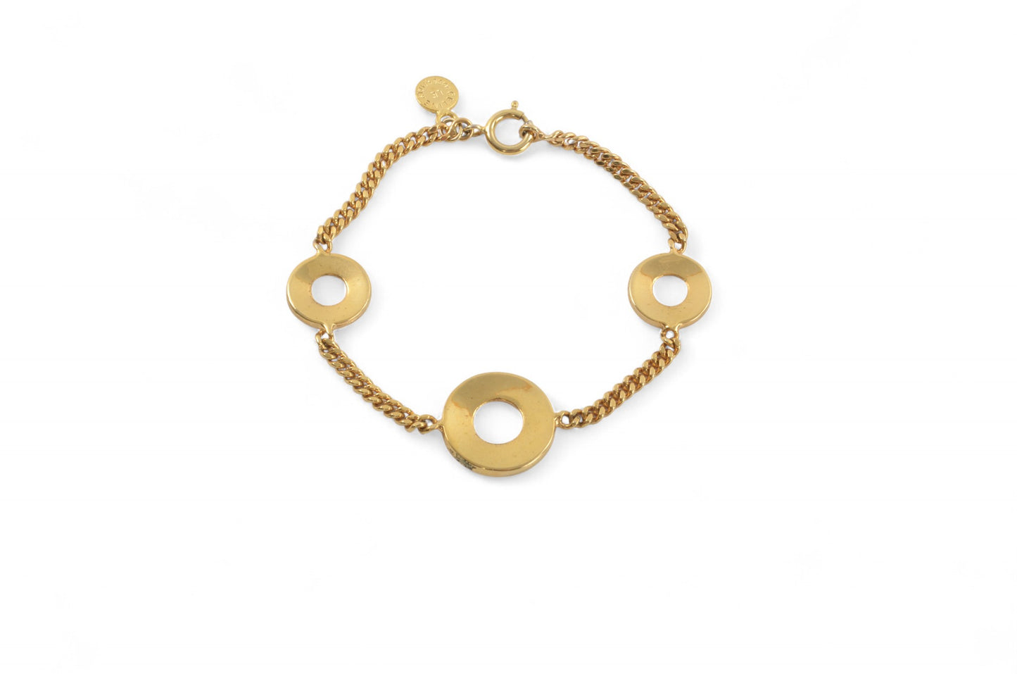 Celine Vintage Circle Logo Charm Bracelet Gold tone Chain Link Designer Classic Authentic