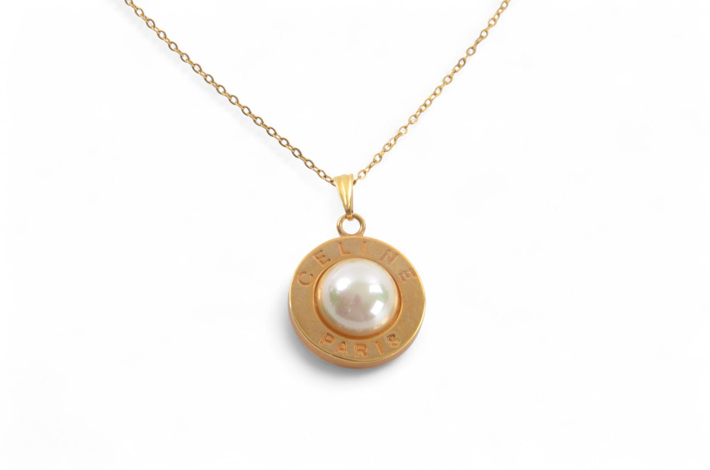 Celine Vintage Pearl Circle Logo Medallion Pendant Necklace Gold Plated Designer Classic Jewelry
