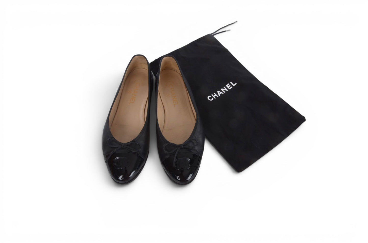 Chanel Ballet Flats Shoes Ballerina Ballet Flat Pumps Ribbon Leather Black Vintage Size 39,5C