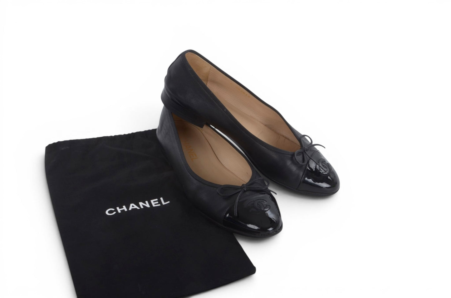 Chanel Ballet Flats Shoes Ballerina Ballet Flat Pumps Ribbon Leather Black Vintage Size 39,5C