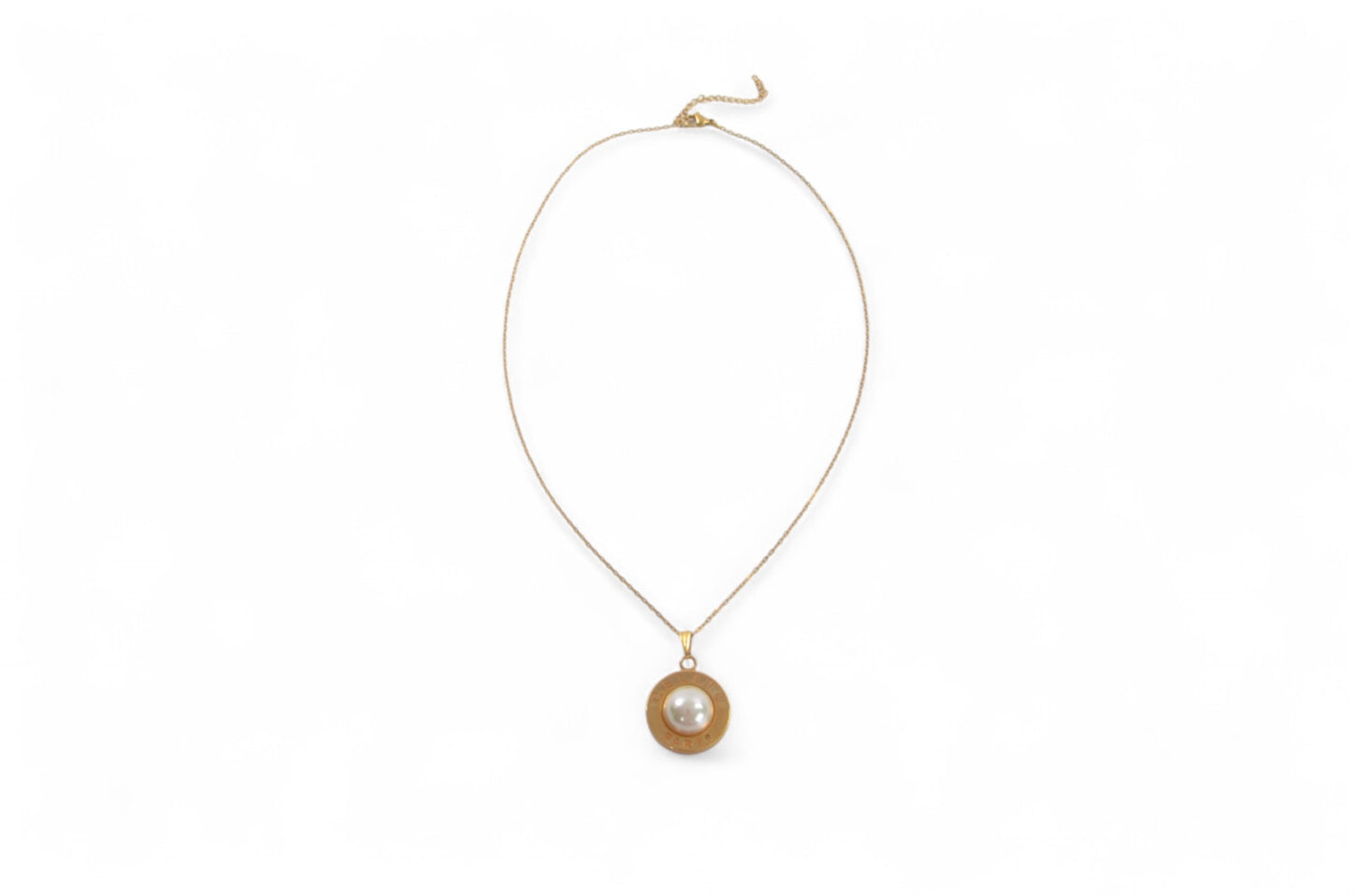Celine Vintage Pearl Circle Logo Medallion Pendant Necklace Gold Plated Designer Classic Jewelry