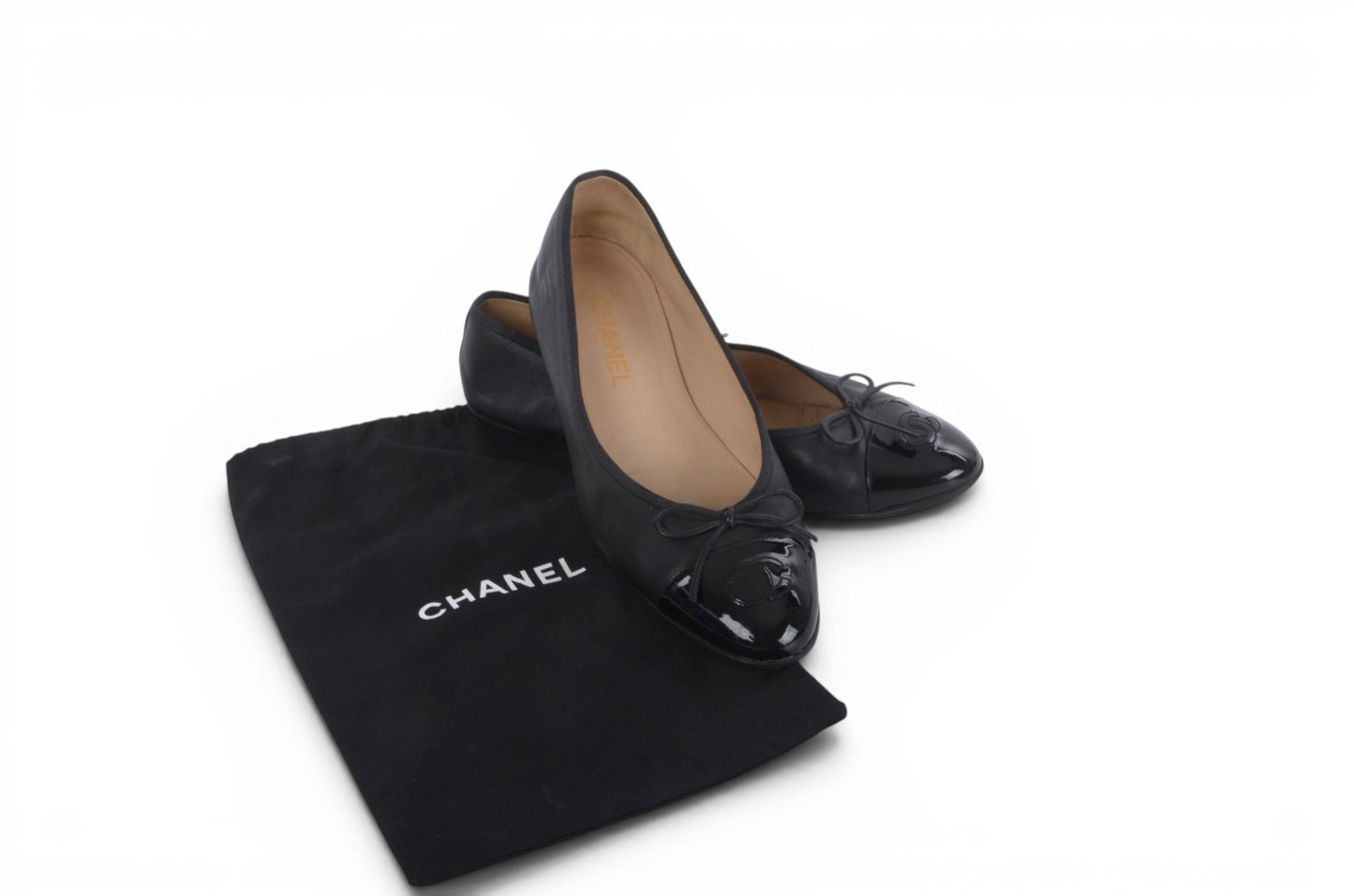 Chanel Ballet Flats Shoes Ballerina Ballet Flat Pumps Ribbon Leather Black Vintage Size 39,5C