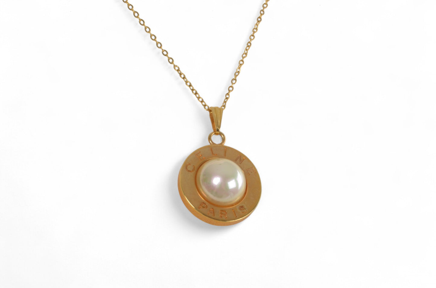Celine Vintage Pearl Circle Logo Medallion Pendant Necklace Gold Plated Designer Classic Jewelry