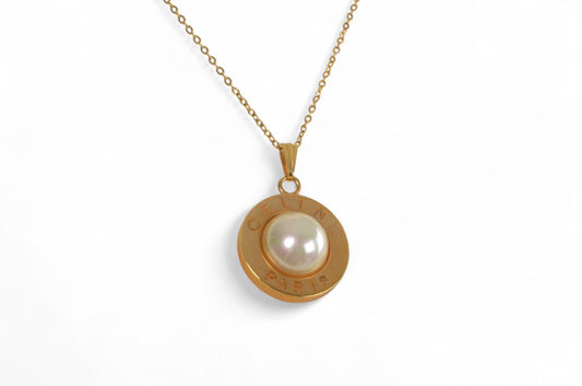 Celine Vintage Pearl Circle Logo Medallion Pendant Necklace Gold Plated Designer Classic Jewelry