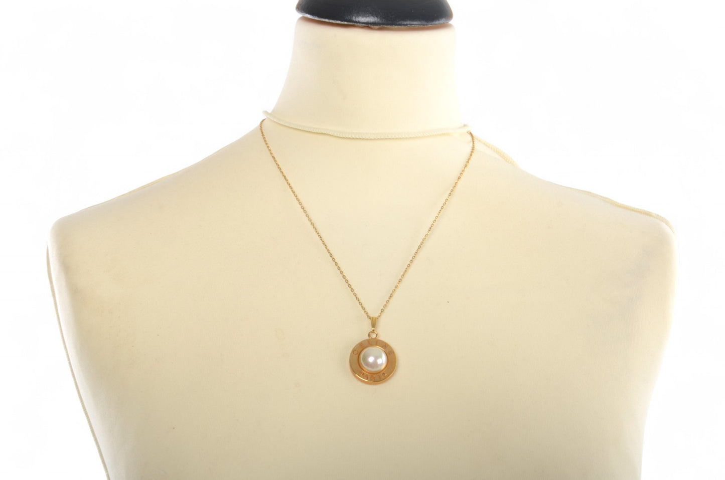 Celine Vintage Pearl Circle Logo Medallion Pendant Necklace Gold Plated Designer Classic Jewelry
