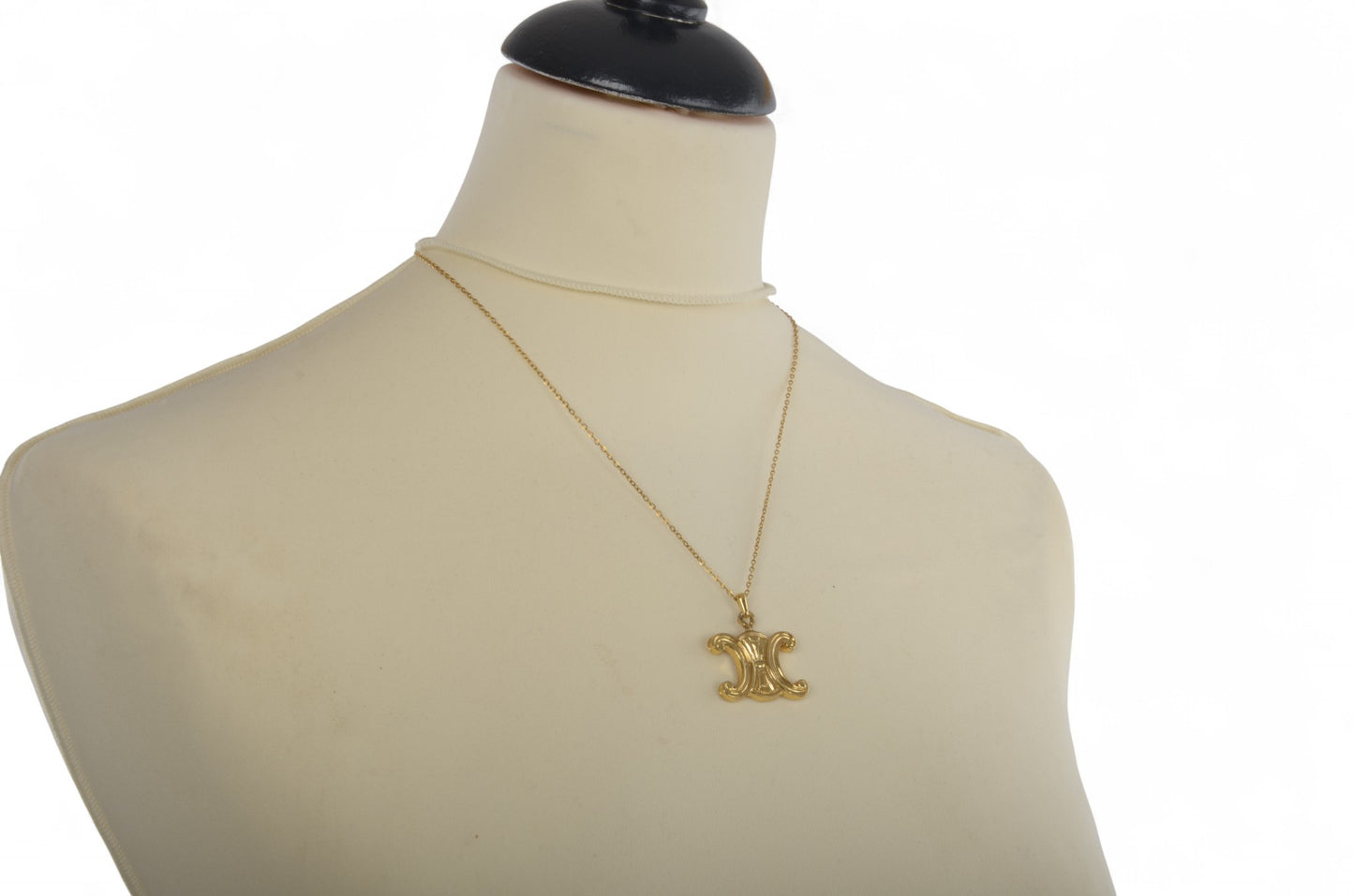 Celine Vintage Triomphe Logo Medallion Pendant Necklace Gold Plated Statement Designer Classic Jewelry