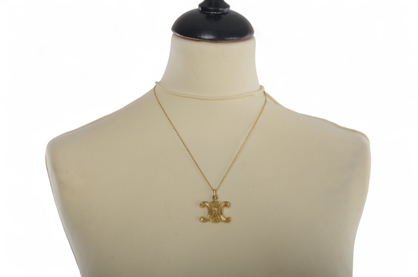 Celine Vintage Triomphe Logo Medallion Pendant Necklace Gold Plated Statement Designer Classic Jewelry