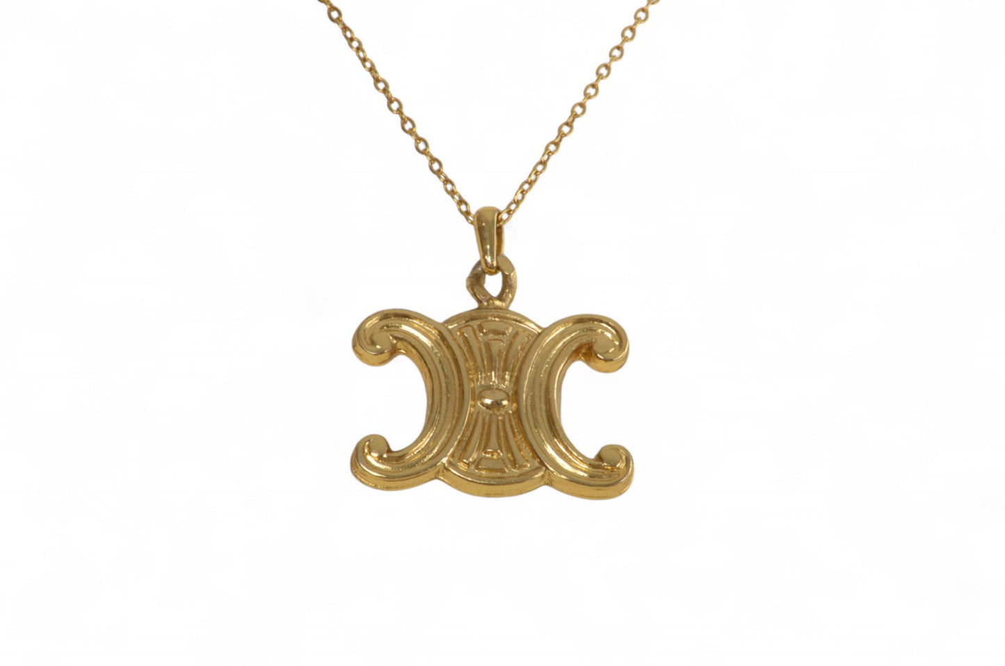 Celine Vintage Triomphe Logo Medallion Pendant Necklace Gold Plated Statement Designer Classic Jewelry