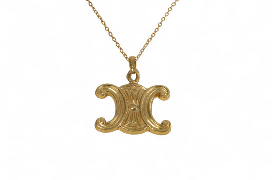 Celine Vintage Triomphe Logo Medallion Pendant Necklace Gold Plated Statement Designer Classic Jewelry