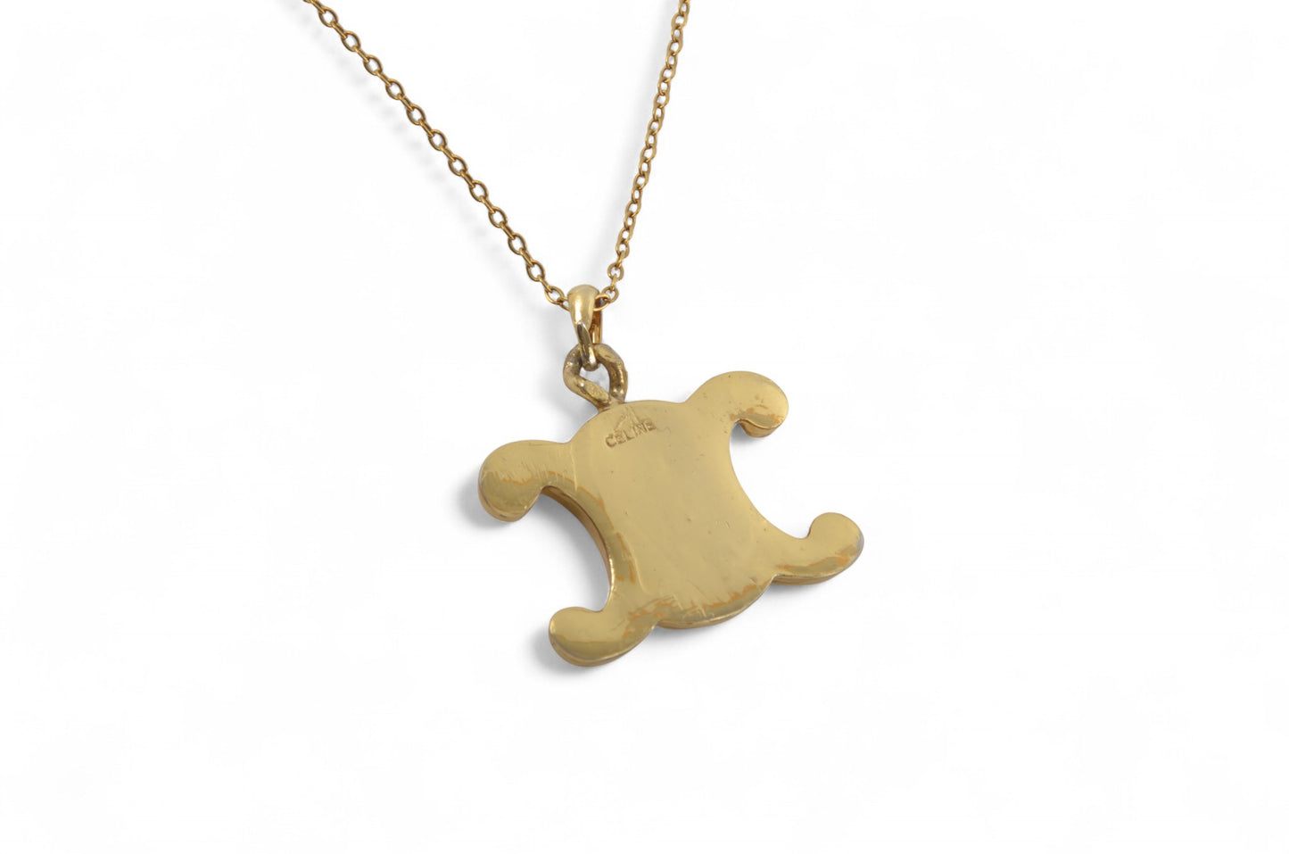 Celine Vintage Triomphe Logo Medallion Pendant Necklace Gold Plated Statement Designer Classic Jewelry