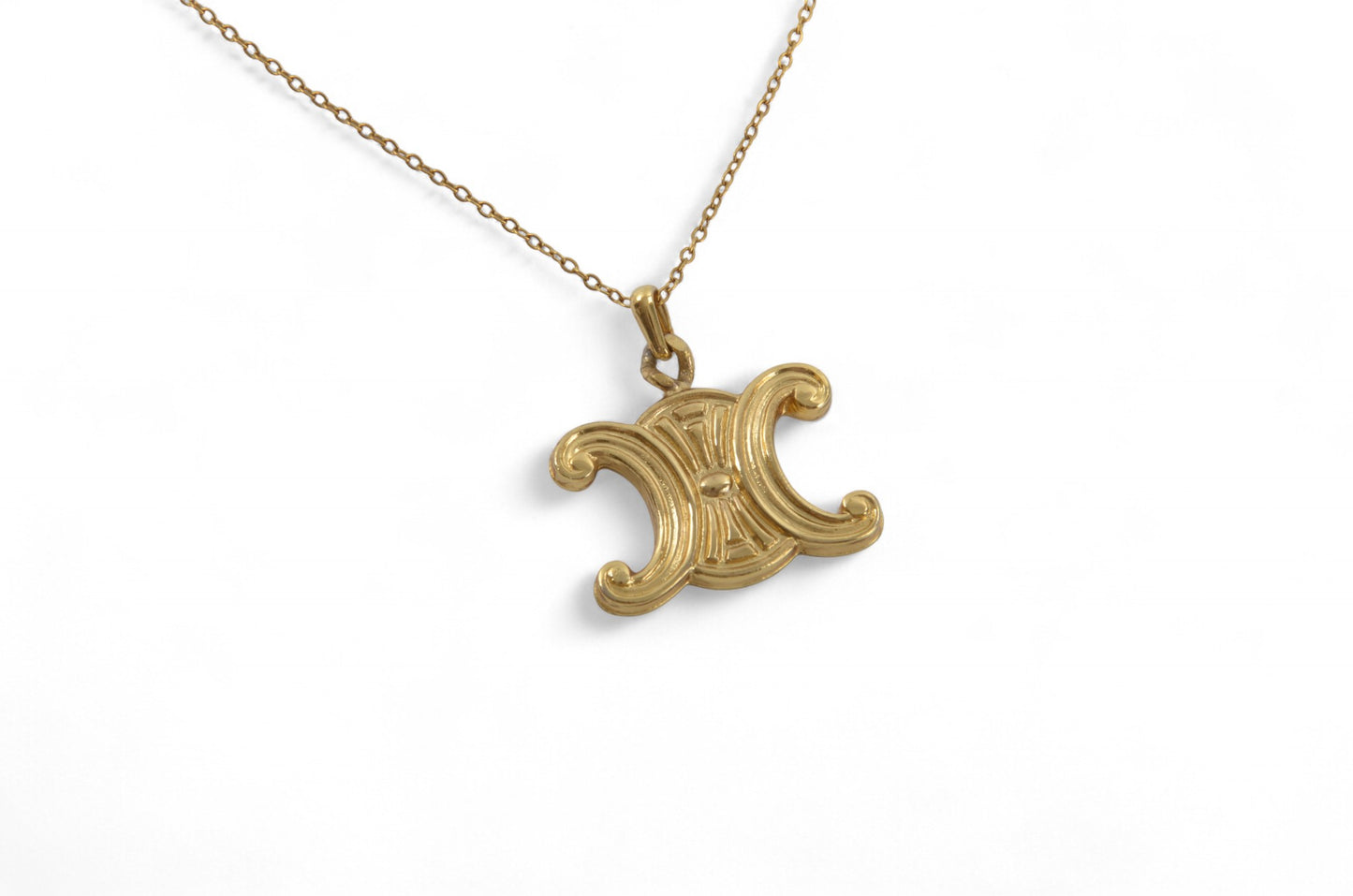 Celine Vintage Triomphe Logo Medallion Pendant Necklace Gold Plated Statement Designer Classic Jewelry