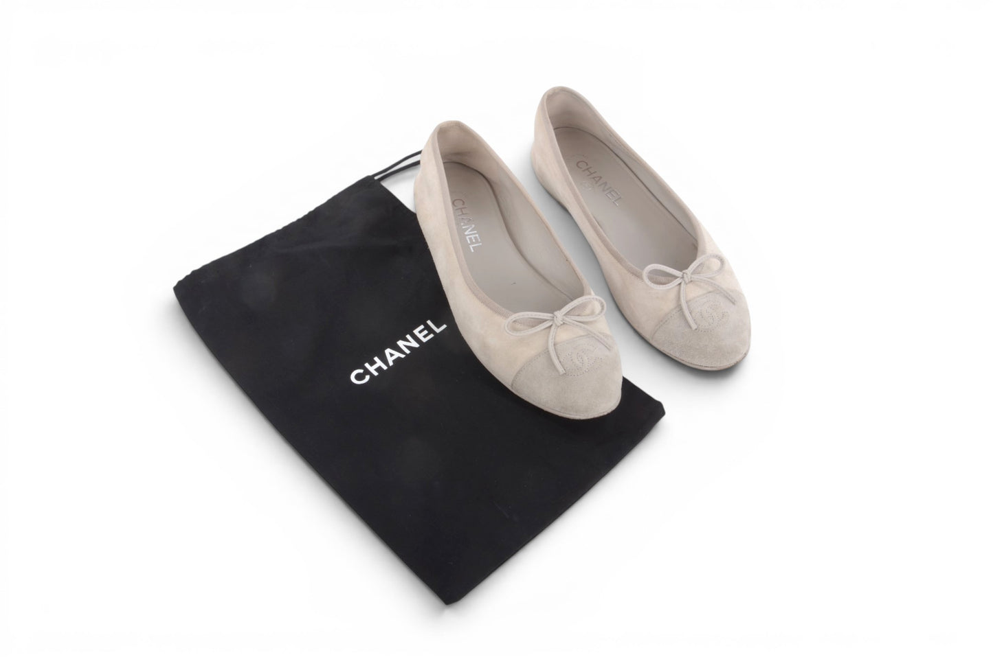 Chanel Ballet Flats Shoes Ballerina Ballet Flat Pumps Ribbon Suede Beige Vintage Size 39,5C
