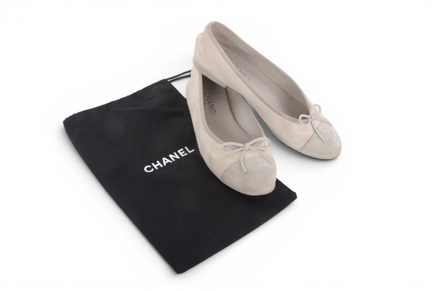 Chanel Ballet Flats Shoes Ballerina Ballet Flat Pumps Ribbon Suede Beige Vintage Size 39,5C
