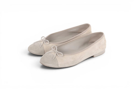 Chanel Ballet Flats Shoes Ballerina Ballet Flat Pumps Ribbon Suede Beige Vintage Size 39,5C