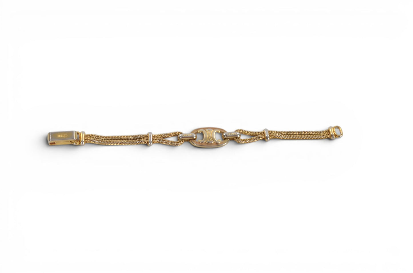 Celine Vintage Triomphe Bracelet Gold tone Chain Link Designer Classic Authentic