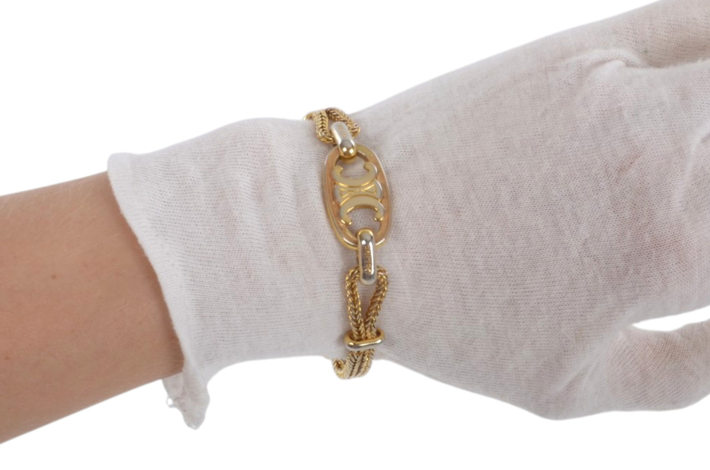 Celine Vintage Triomphe Bracelet Gold tone Chain Link Designer Classic Authentic