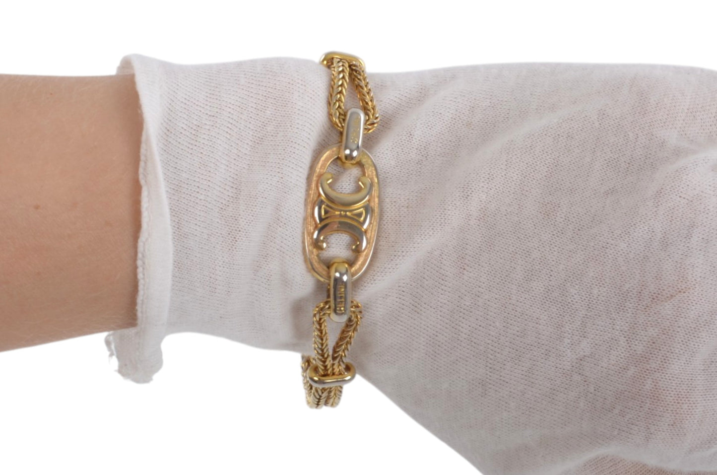 Celine Vintage Triomphe Bracelet Gold tone Chain Link Designer Classic Authentic