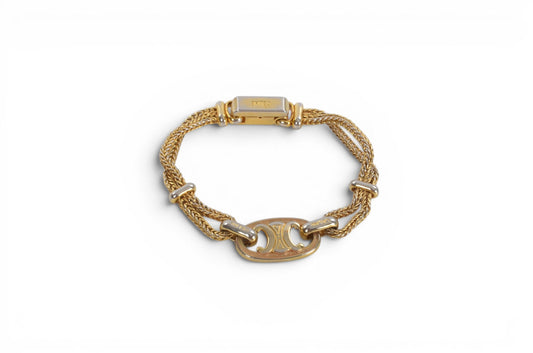 Celine Vintage Triomphe Bracelet Gold tone Chain Link Designer Classic Authentic