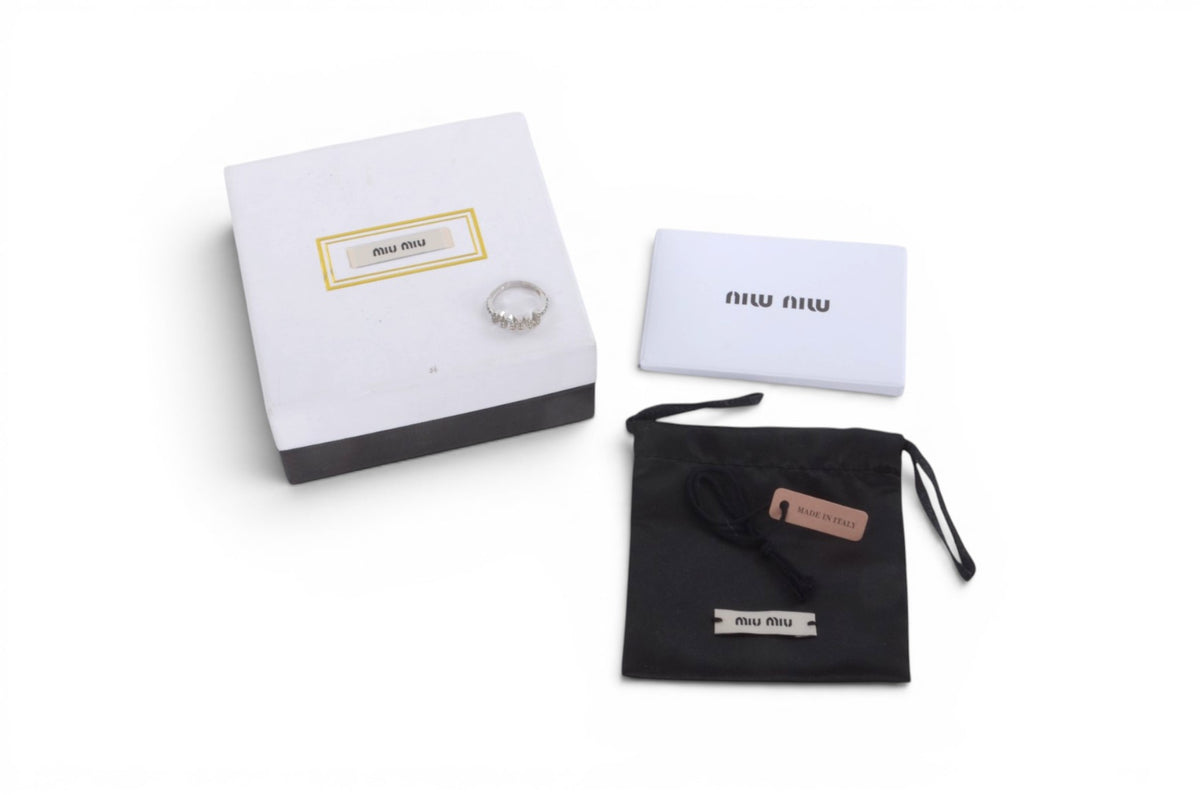 Miu Miu Ring Rhinestone Strass Silver Tone Logo MiuMiu Designer Classic