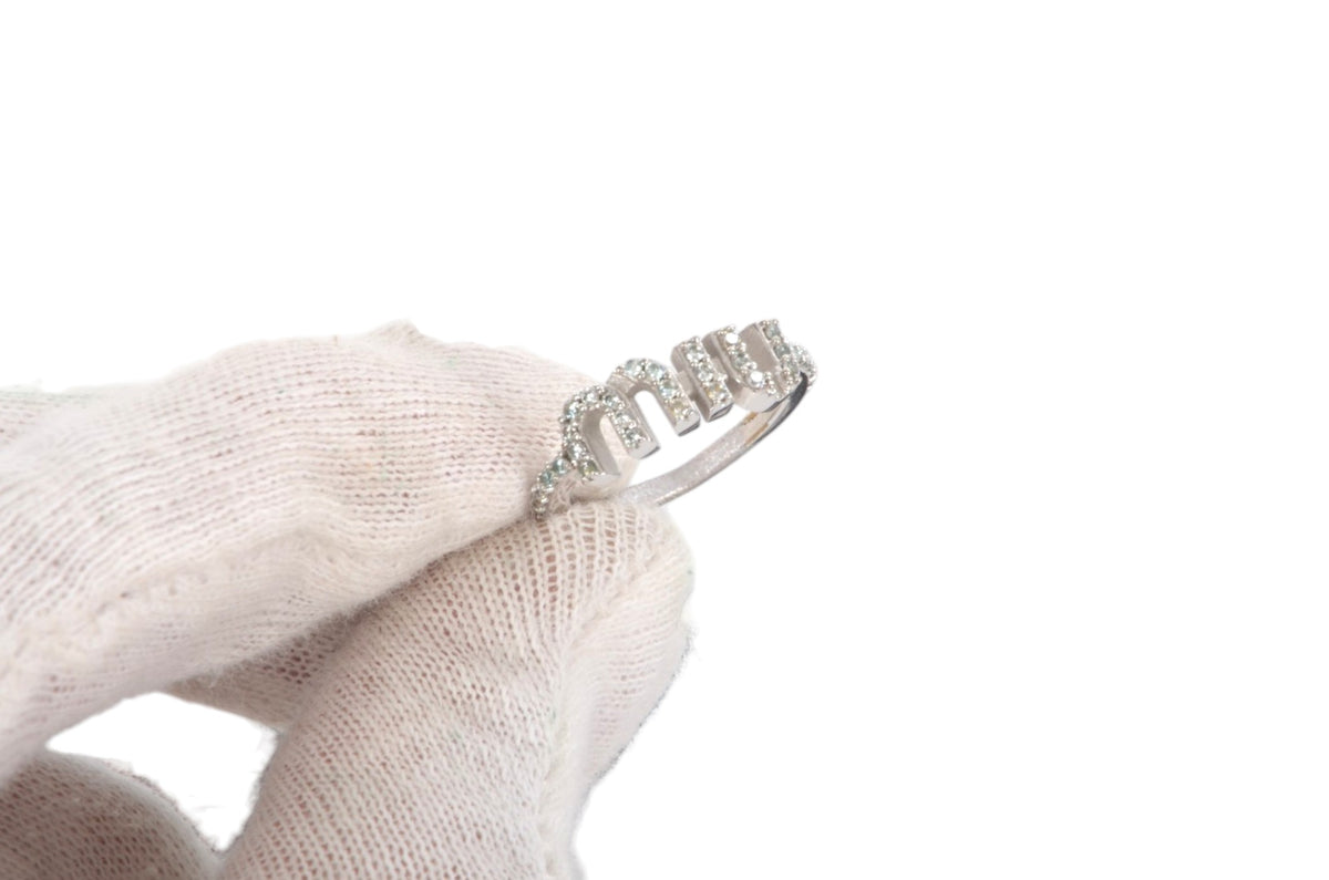 Miu Miu Ring Rhinestone Strass Silver Tone Logo MiuMiu Designer Classic