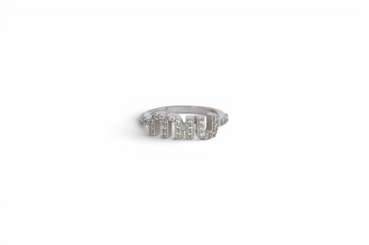 Miu Miu Ring Rhinestone Strass Silver Tone Logo MiuMiu Designer Classic