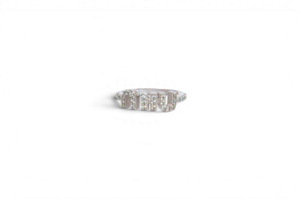 Miu Miu Ring Rhinestone Strass Silver Tone Logo MiuMiu Designer Classic