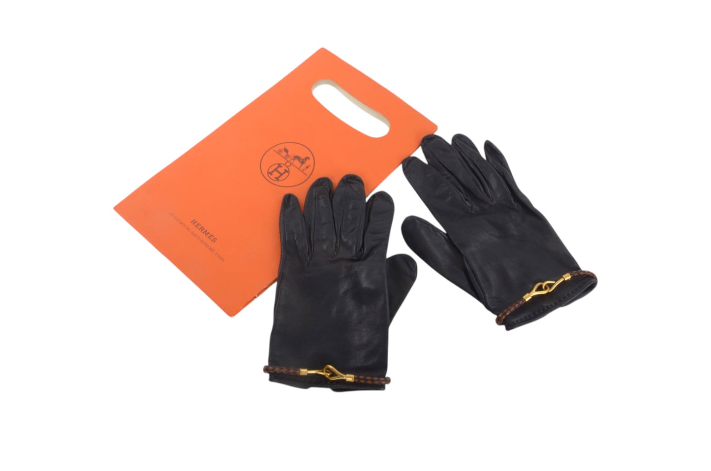 Hermès Black Leather Gloves Vintage Braided Jumbo Designer Classic