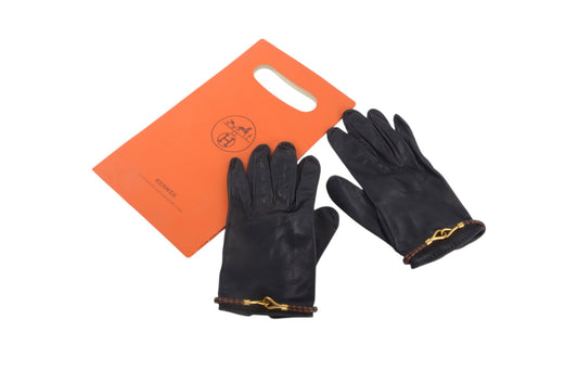Hermès Black Leather Gloves Vintage Braided Jumbo Designer Classic