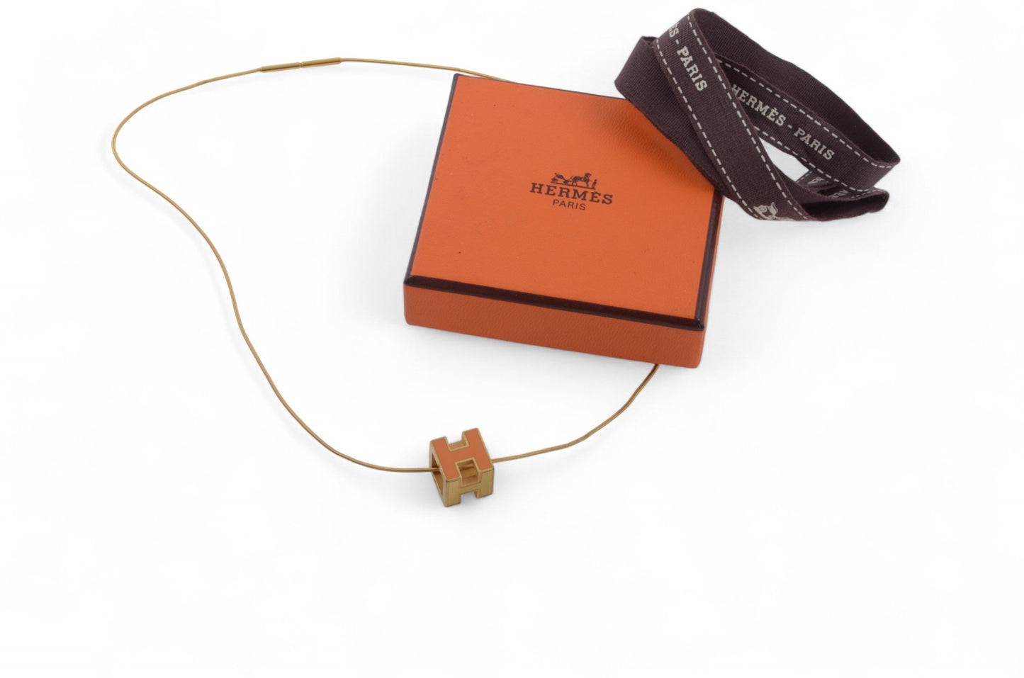 Hermès Cage d'Ache d'H Cube Necklace Pendant Steel Orange Designer Classic Authentic