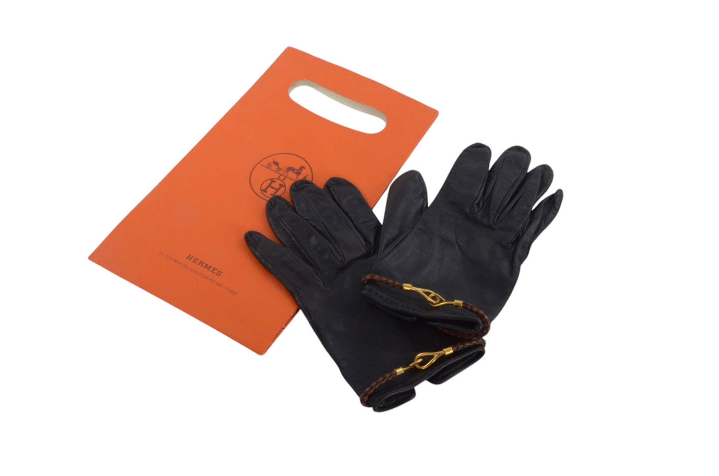 Hermès Black Leather Gloves Vintage Braided Jumbo Designer Classic