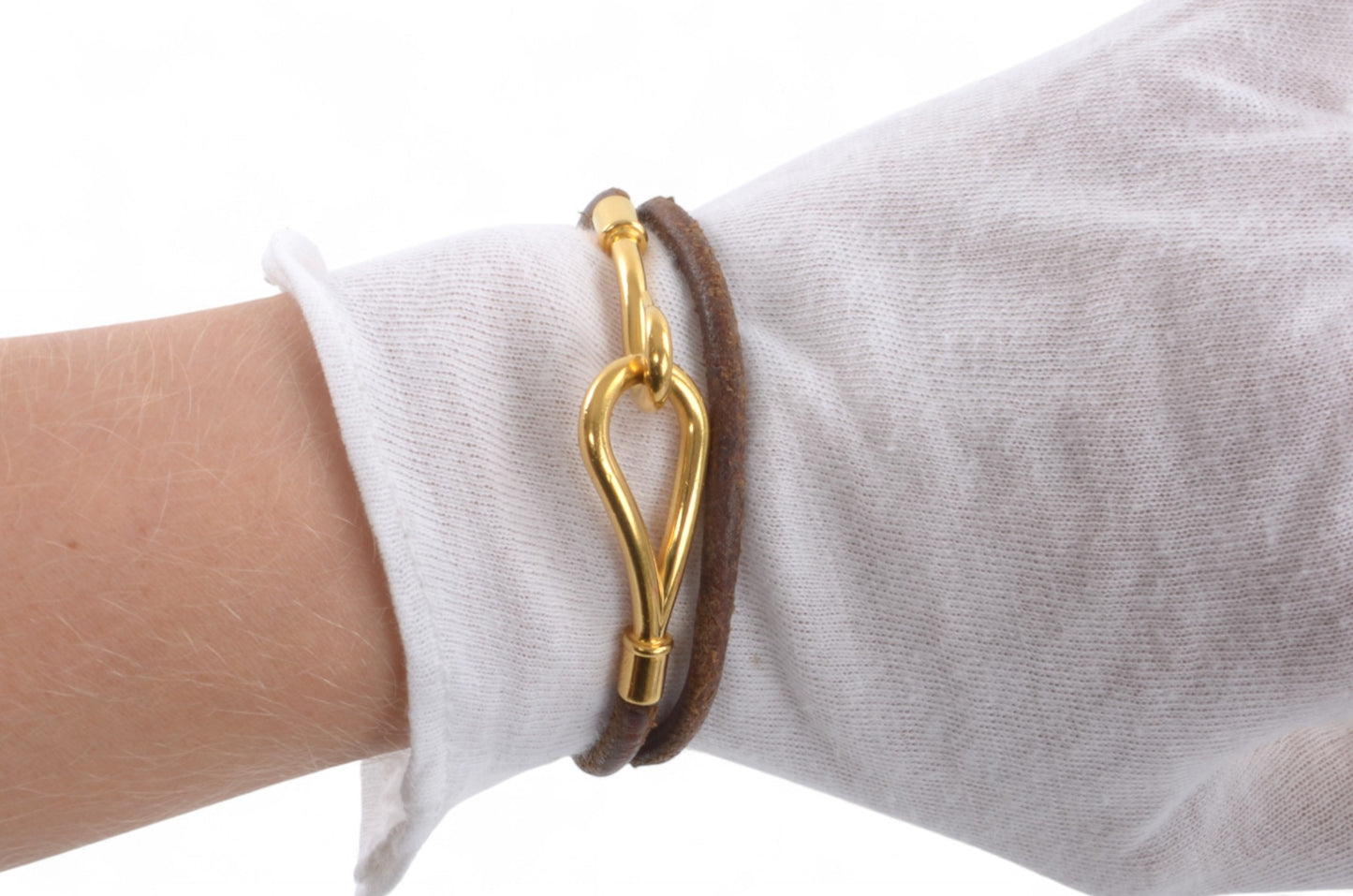 Hermès Leather Jumbo Hook Double Wrap Bracelet Vintage Brown Silver Designer Classic Authentic