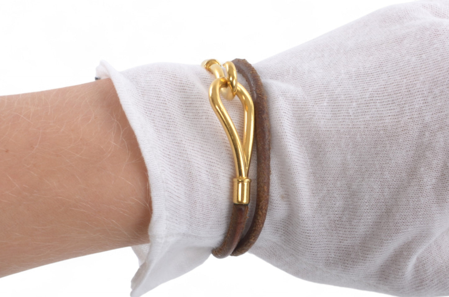 Hermès Leather Jumbo Hook Double Wrap Bracelet Vintage Brown Silver Designer Classic Authentic