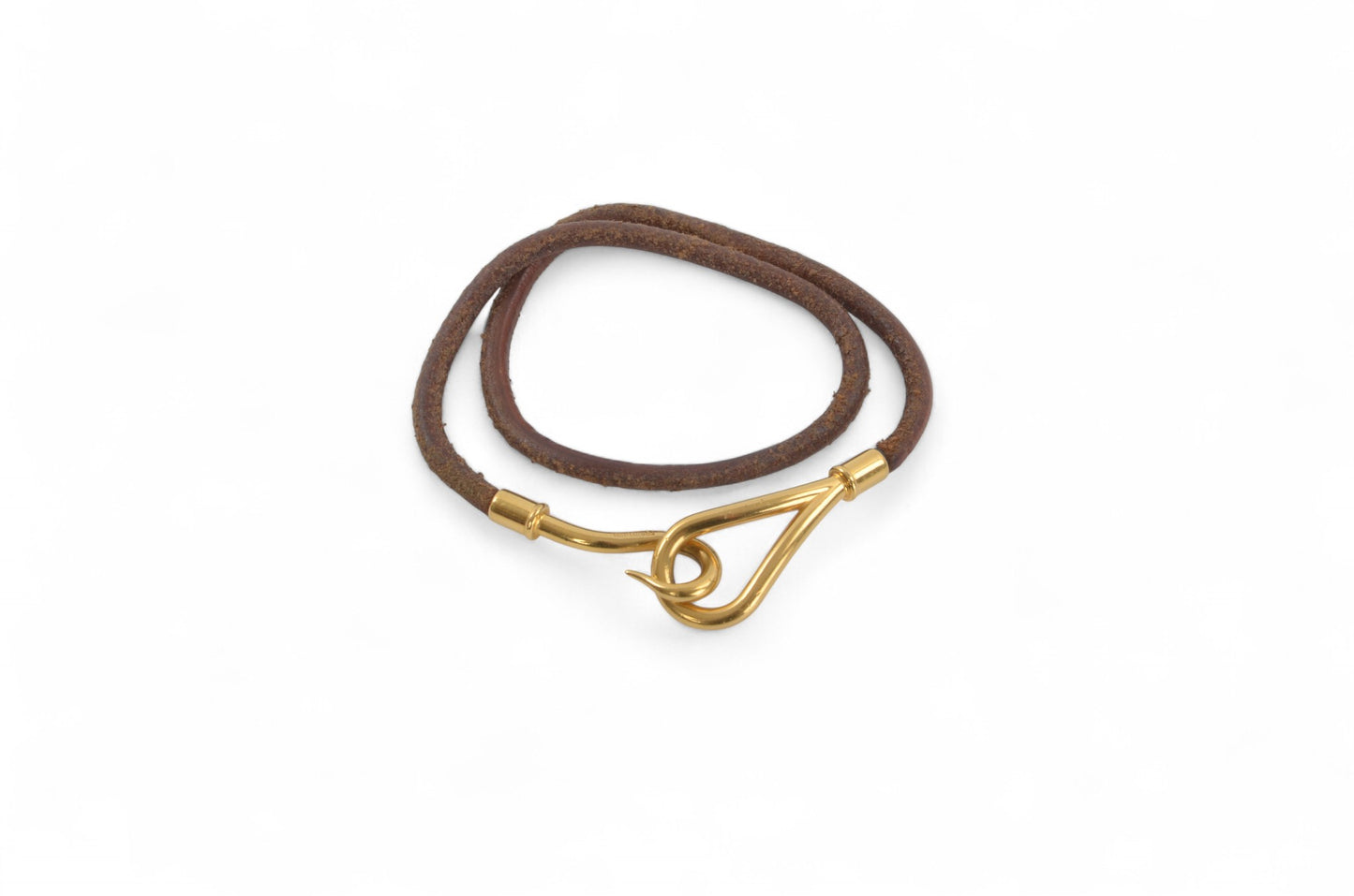 Hermès Leather Jumbo Hook Double Wrap Bracelet Vintage Brown Silver Designer Classic Authentic