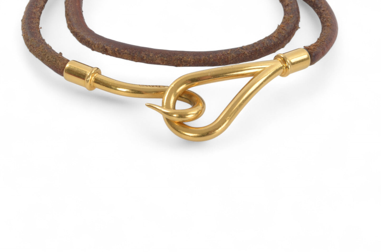 Hermès Leather Jumbo Hook Double Wrap Bracelet Vintage Brown Silver Designer Classic Authentic