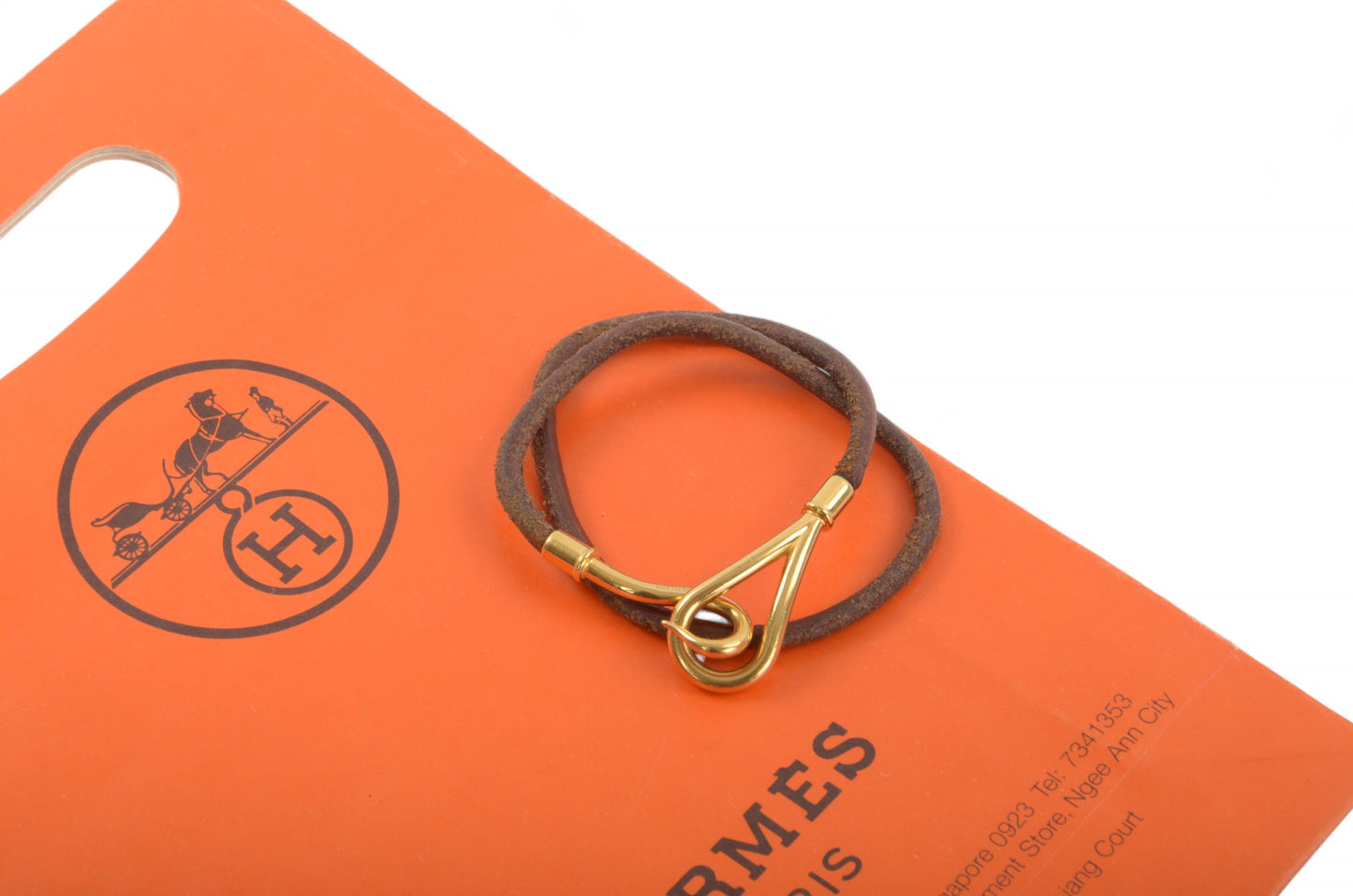 Hermès Leather Jumbo Hook Double Wrap Bracelet Vintage Brown Silver Designer Classic Authentic