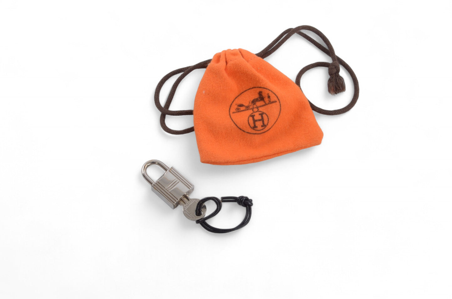 Hermès Silver Padlock Lock with Key Silver tone Brass Vintage Cadena Pendant Authentic Designer Classic Charm