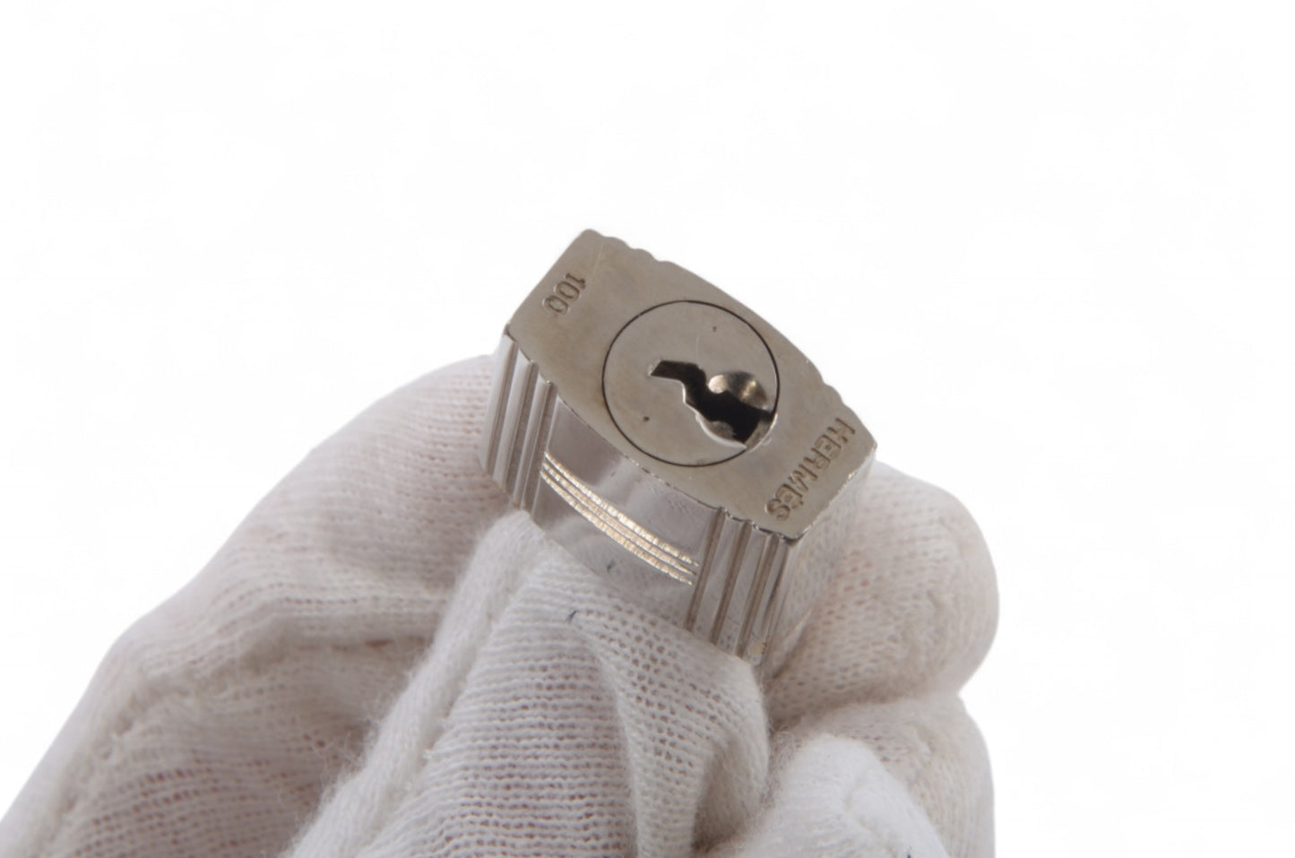 Hermès Silver Padlock Lock with Key Silver tone Brass Vintage Cadena Pendant Authentic Designer Classic Charm