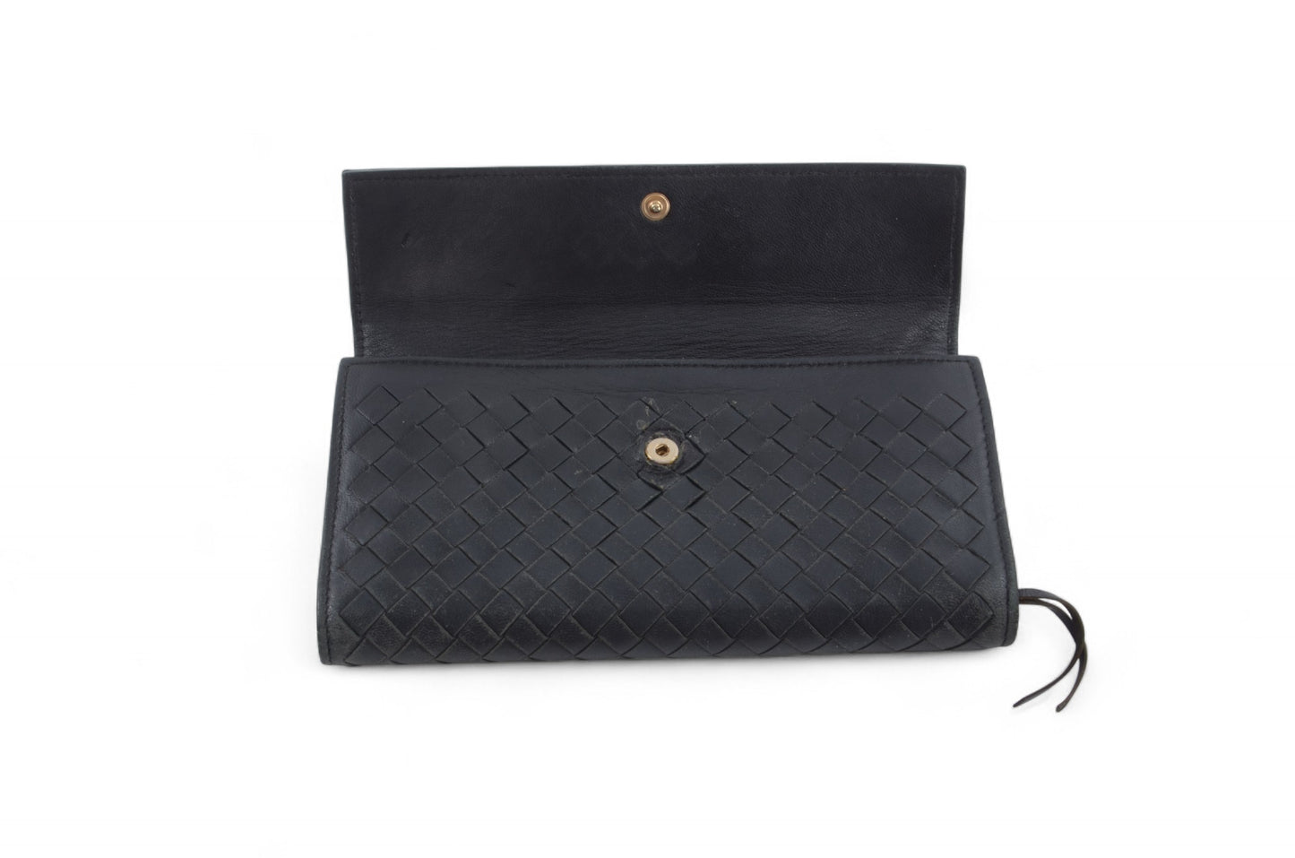 Bottega Veneta Intrecciato Leather Bifold Long Wallet Cardholder Crossbody Bag Black Designer Classic